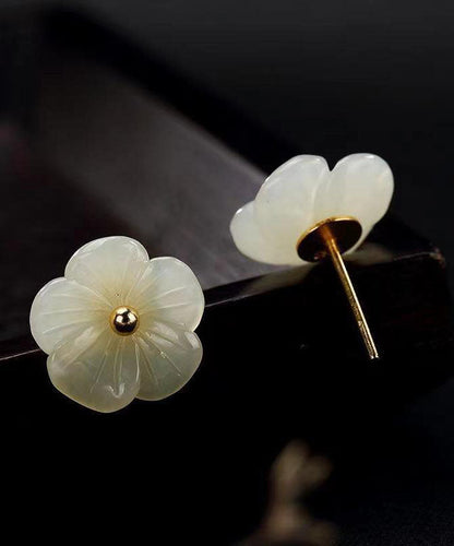 Simple White Sterling Silver Inlaid Jade Stud Earrings