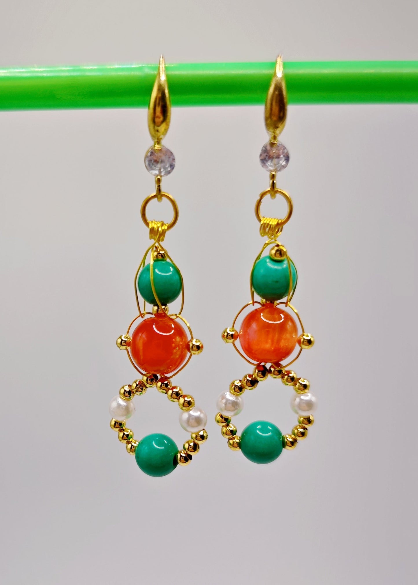 Stylish Orange Crystal and Fine Turquoise Drop Earrings