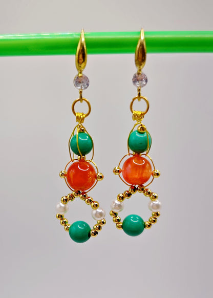 Stylish Orange Crystal and Fine Turquoise Drop Earrings