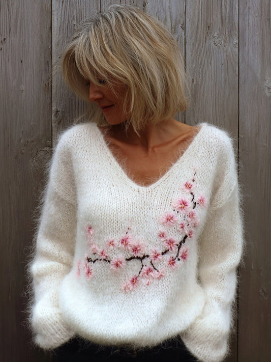 Comstylish Vintage Cherry Blossom Embroidered Fuzzy Cozy Sweater