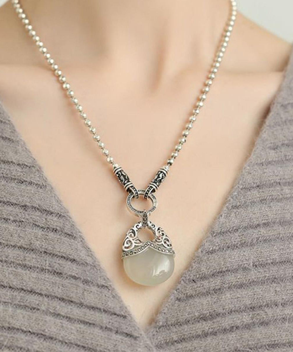 White Sterling Silver Chalcedony Round Bead Pendant Necklace