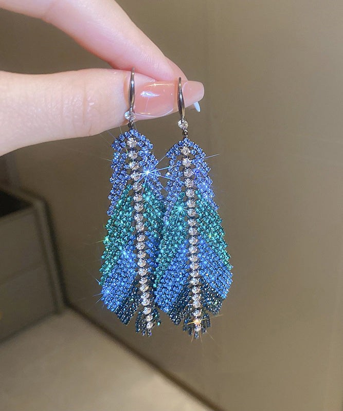 Multi Copper Zircon Feather Leaves Tassel Drop Earrings
