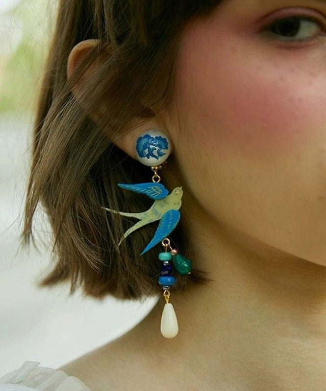 Original Design Blue Alloy Bird in Flight Drop Earrings