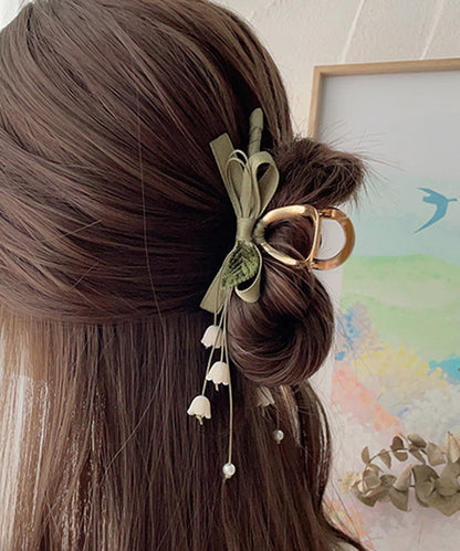 Unique Army Green Alloy Bow Lily of the Valley Tassel Hairpin