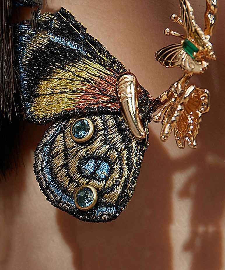 Gold Sterling Silver Overgild Crystal Embroidery Butterfly Hoop Earrings