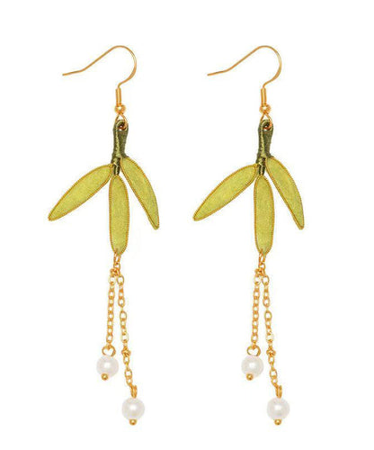 Chinese Style Green Sterling Silver Overgild Pearl Velvet Drop Earrings