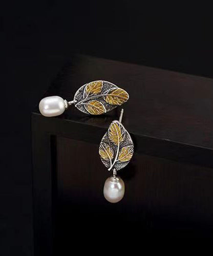 Colorblock Sterling Silver Pearl Leaf Drop Earrings