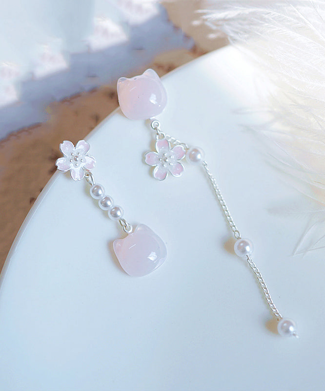 Brief Pink Sterling Silver Asymmetry Pearl Cats Tassel Drop Earrings