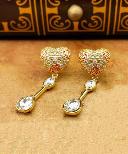 Gold Copper Overgild Zircon Glass Love Tassel Drop Earrings