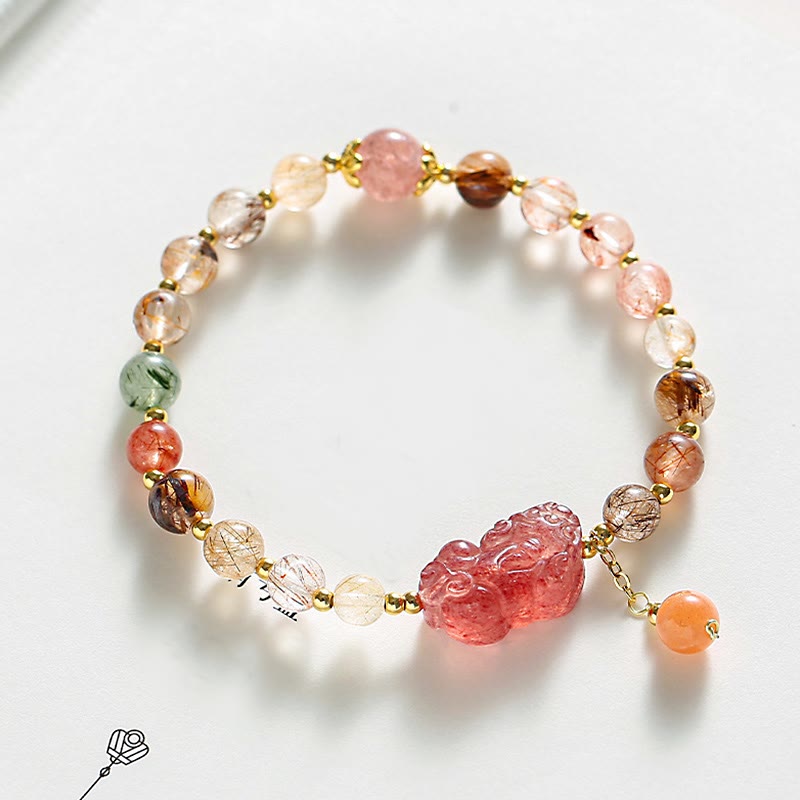 Buddha Stones Natural Rutilated Quartz Strawberry Quartz Pixiu Wealth Bracelet