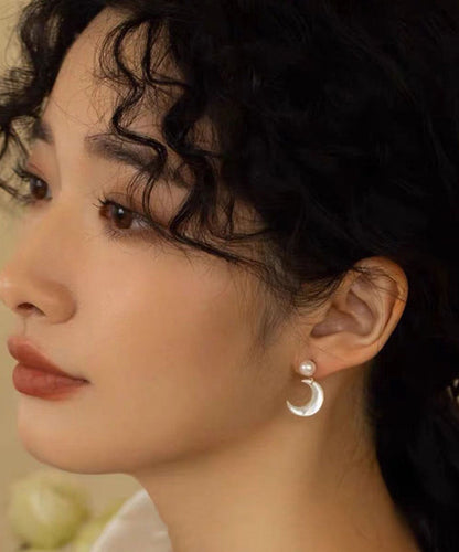 White Moon Shape Pearl Drop Earrings