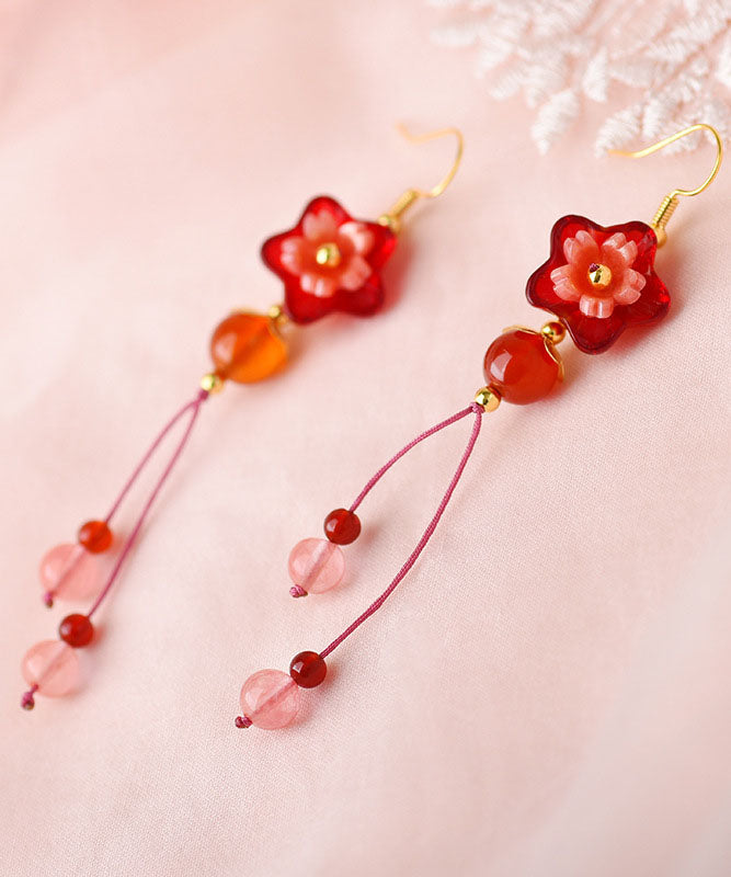 Red Flower Crystal Wedding Drop Earrings