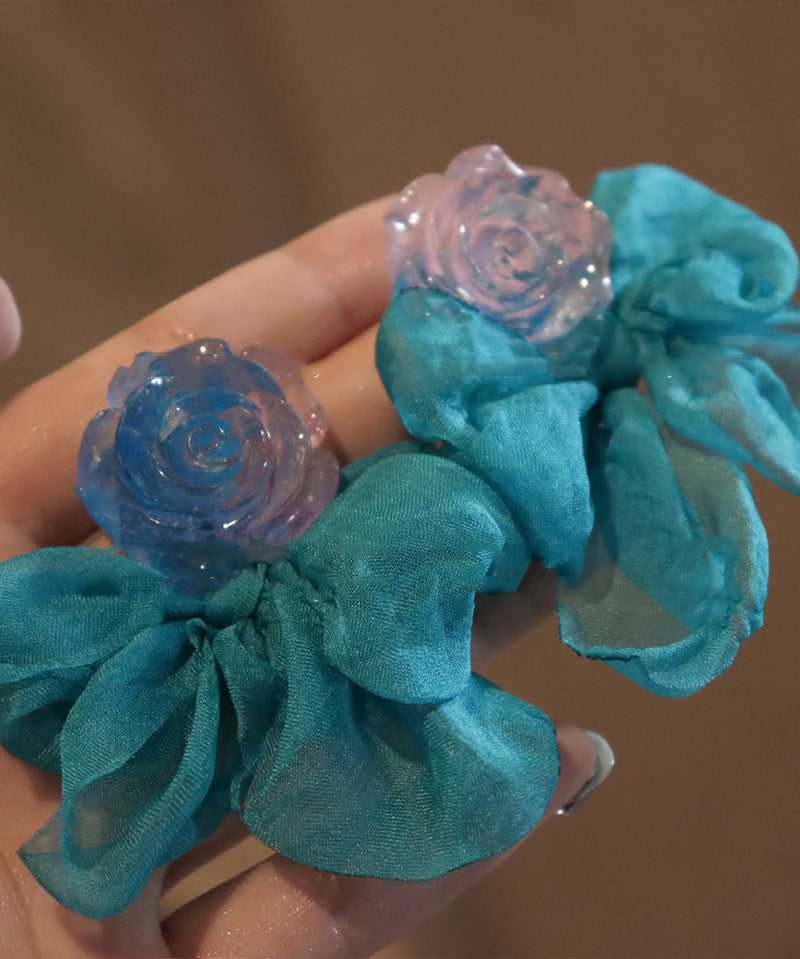 Blue Chiffon Patchwork Resin Bow Hoop Earrings