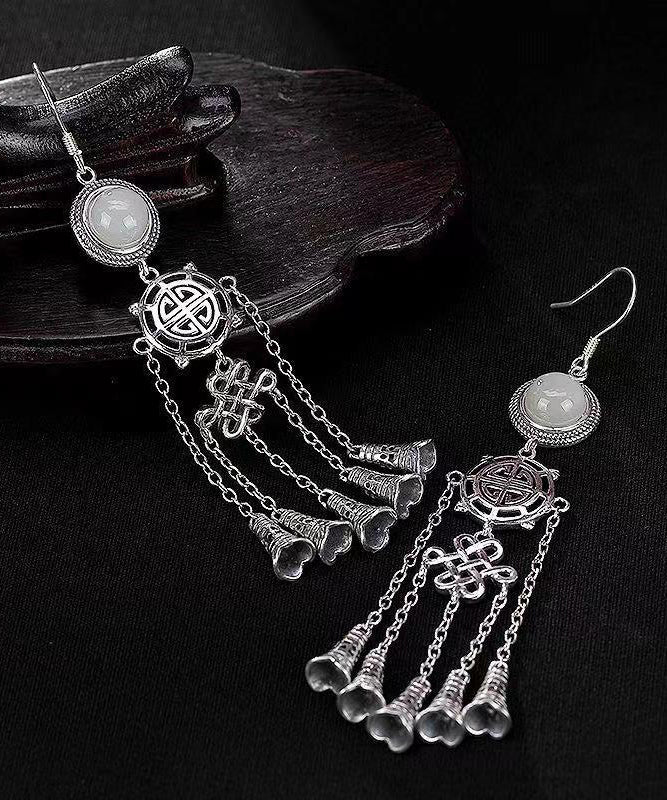 Jade Patchwork Tassel Silver Drop Earrings
