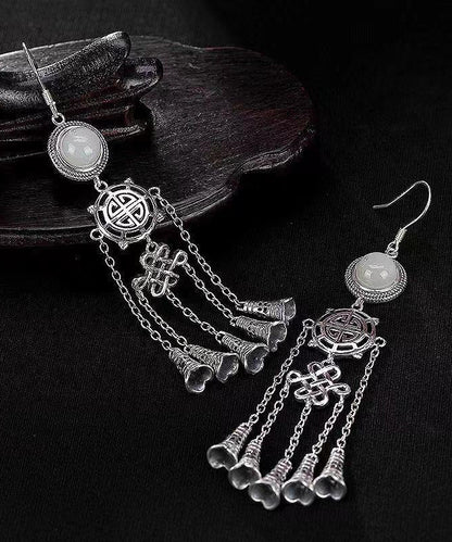 Jade Patchwork Tassel Silver Drop Earrings
