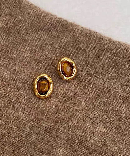 Retro Brown Copper Overgild Tiger's Eye Stud Earrings