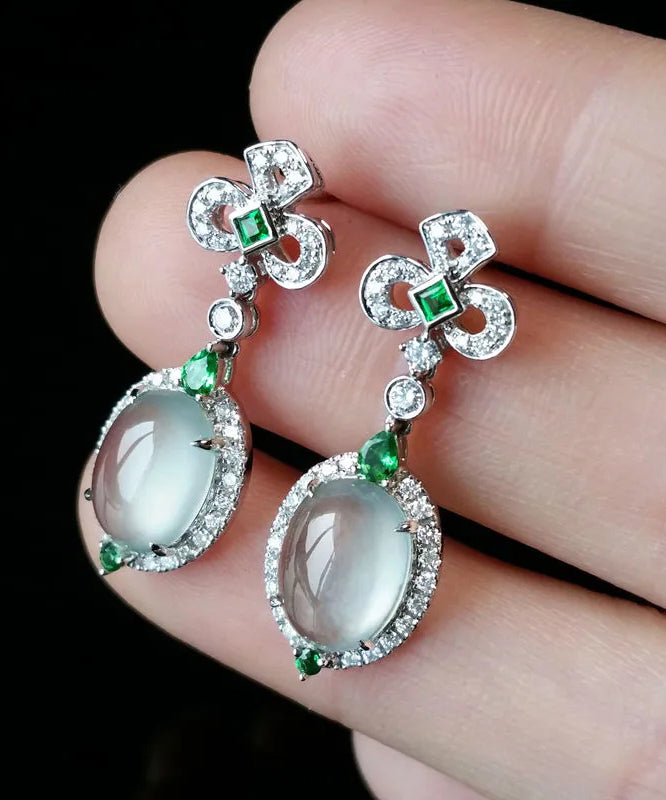 Green Sterling Silver Zircon Jade Stud Earrings