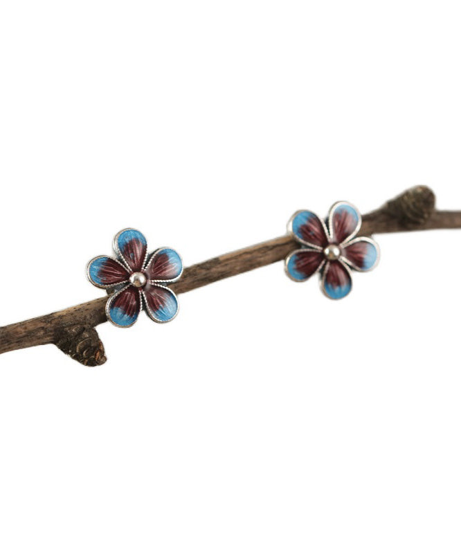 Unique Blue Silver Cloisonne Stud Earrings