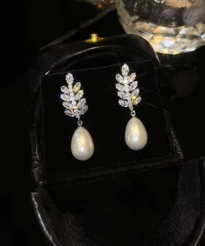 Exquisite Silver Needle Zircon Pearl Water Droplet Earrings
