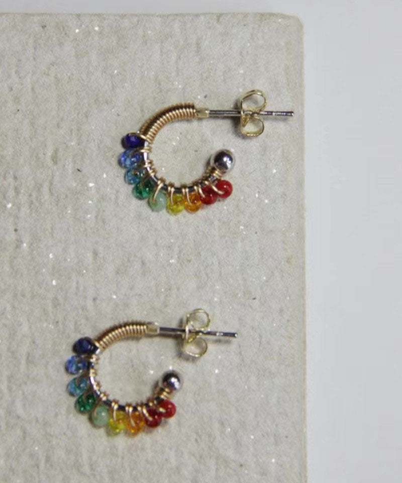 Rainbow Alloy Glass Bead Hoop Earrings