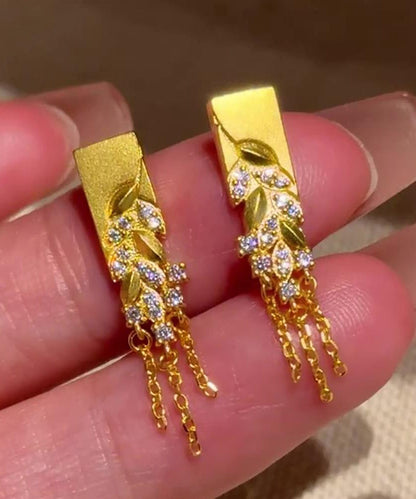 Gold Copper Alloy Zircon Fallen Leaves Tassel Stud Earrings