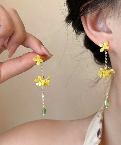 Skinny Yellow Acrylic Osmanthus Flower Tassel Drop Earrings