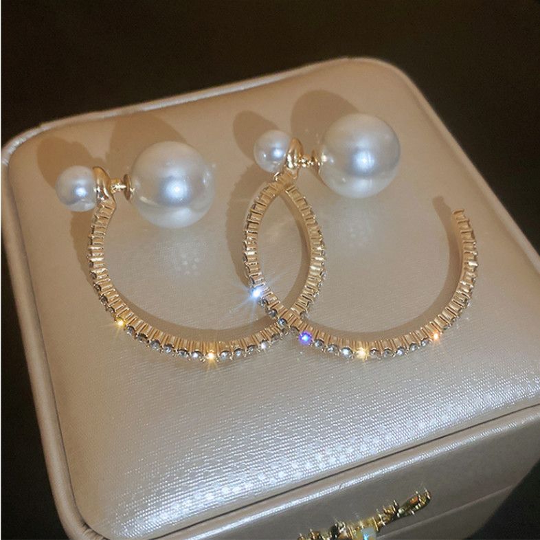 Gold Sterling Silver Alloy Zircon Pearl Hoop Earrings