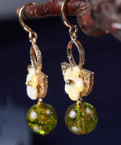 Handmade Green Copper Glaze Shell Flower Drop Earrings