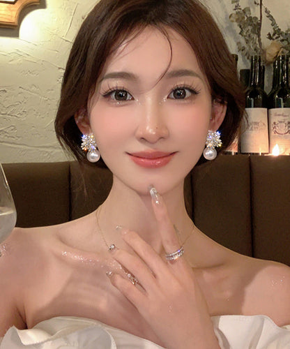 Fine White Alloy Zircon Pearl Snowflake Drop Earrings