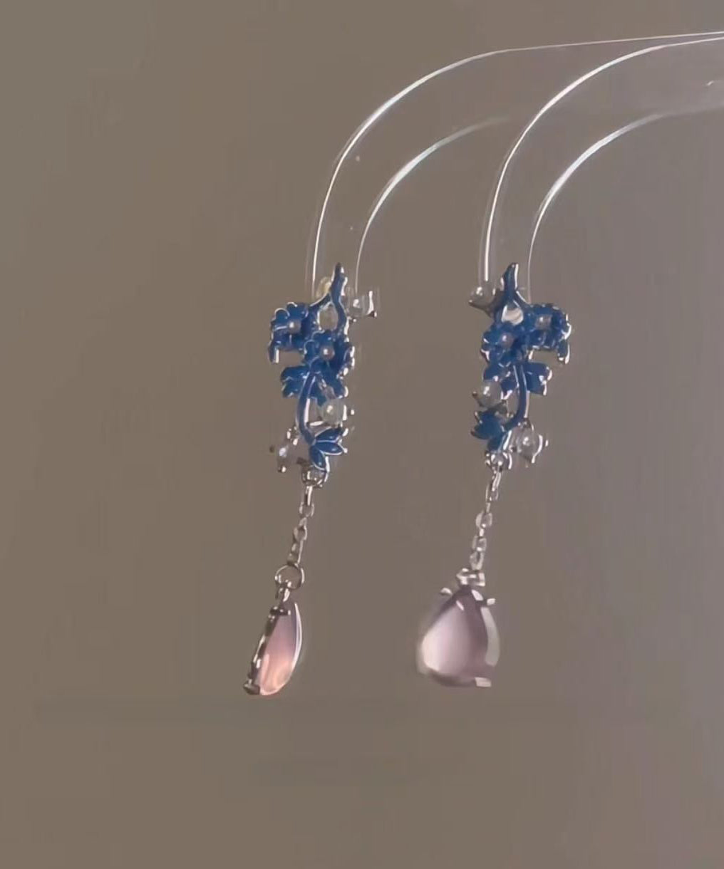 Chinese Style Colorblock Sterling Silver Jade Pearl Cloisonne Drop Earrings
