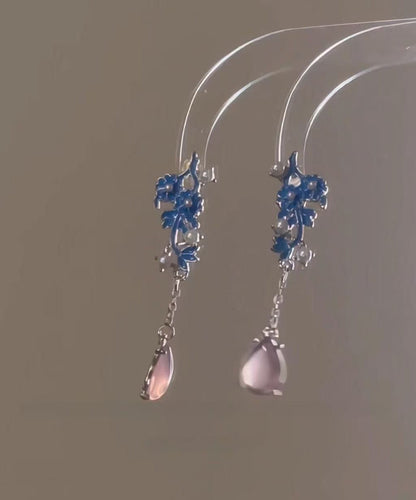 Chinese Style Colorblock Sterling Silver Jade Pearl Cloisonne Drop Earrings
