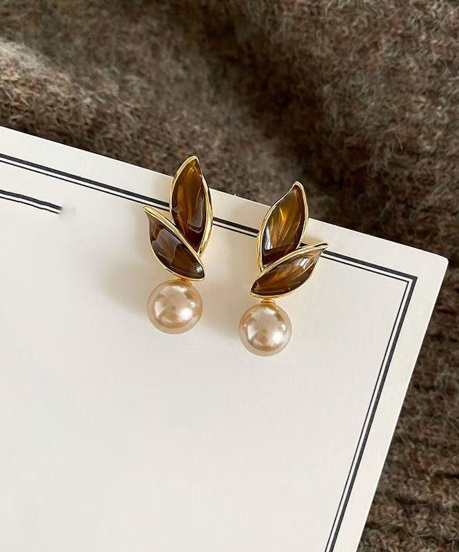 Coffee Sterling Silver Alloy Pearl Leaf Stud Earrings
