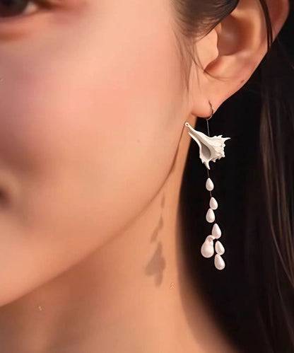 Silk Sterling Silver Rver Snail Pearl Tassel Drop Earrings