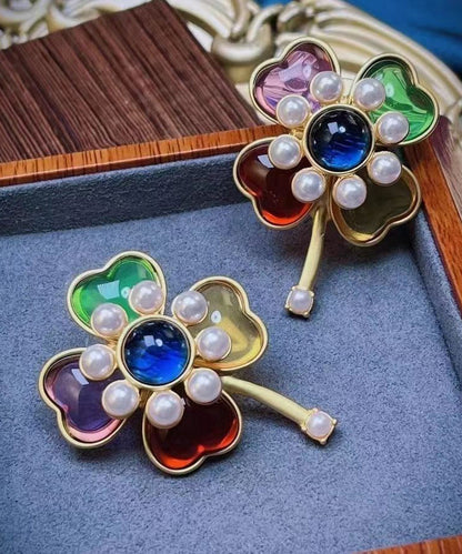Rainbow Sterling Silver Overgild Pearl Stud Earrings