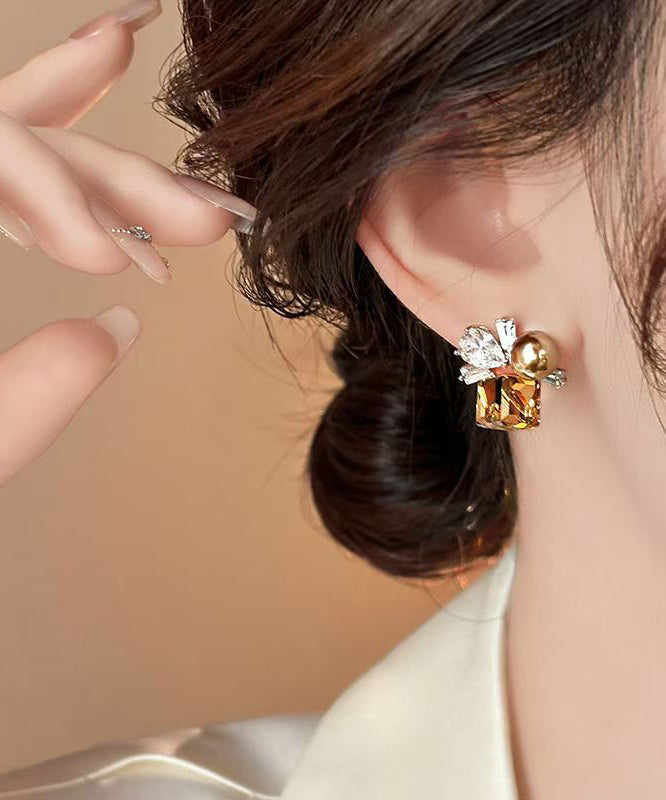 Brown Alloy Crystal Pearl Stud Earrings