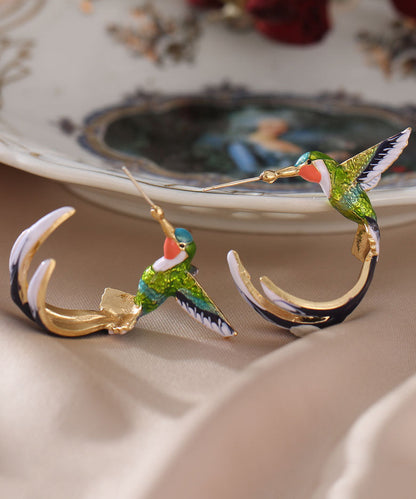 Stylish Green Bird Metal Hoop Earrings