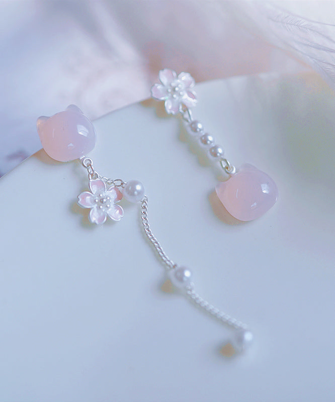 Brief Pink Sterling Silver Asymmetry Pearl Cats Tassel Drop Earrings