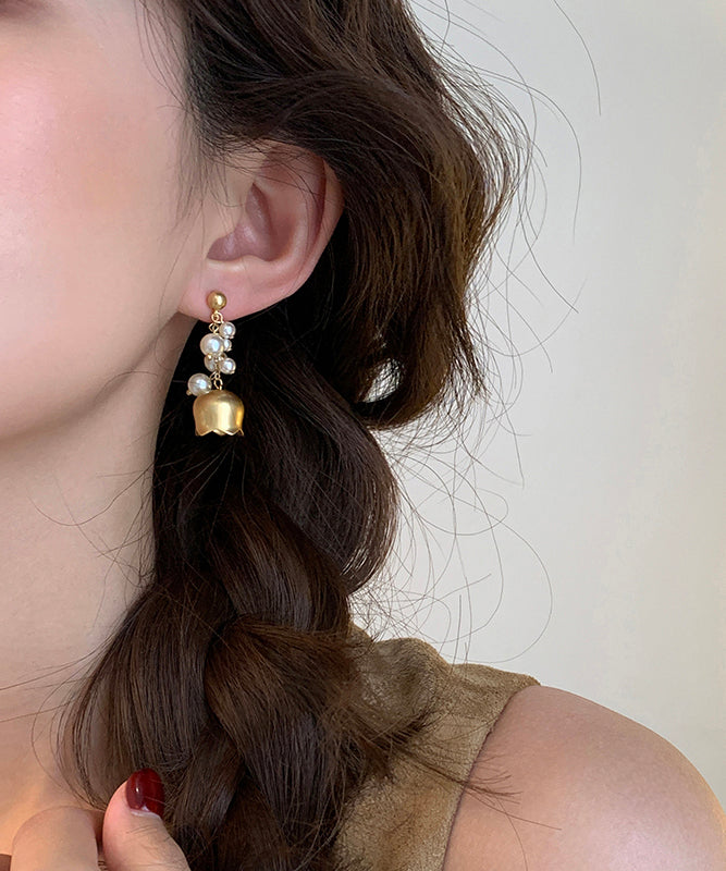 Gold Copper Overgild Pearl Lily of the Valley Tassel Drop Earrings