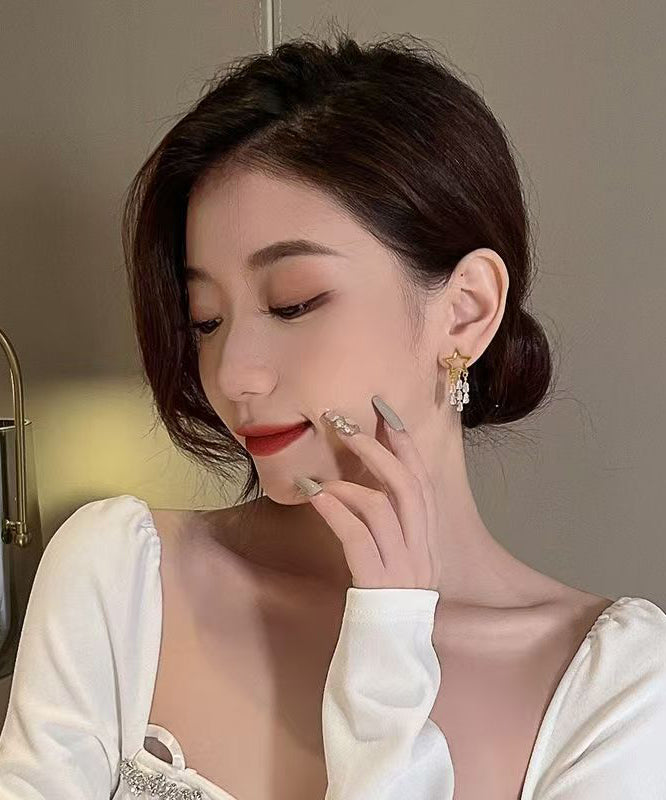Novelty Gold 925 Silver Alloy Zircon Star Tassel Drop Earrings