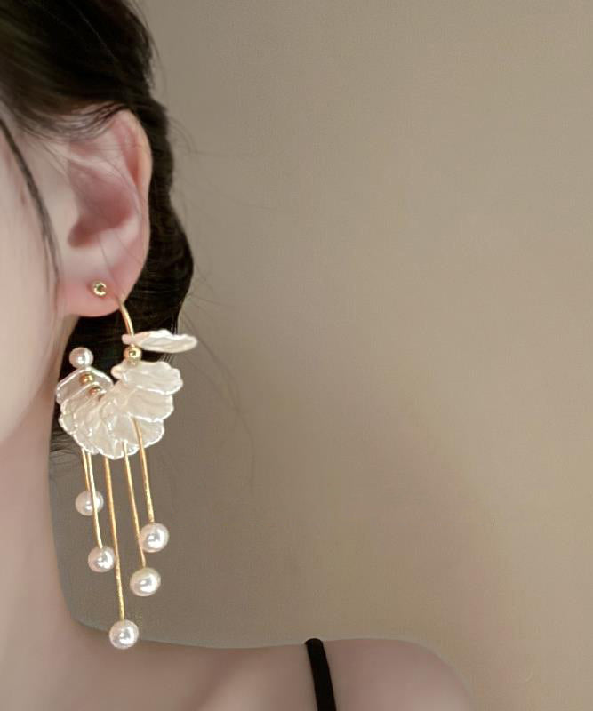Gold Copper Alloy Pearl Petals Tassel Drop Earrings