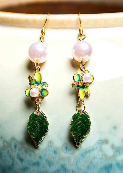 Green Paintings Leaf Metal Pearl Drop Earrings