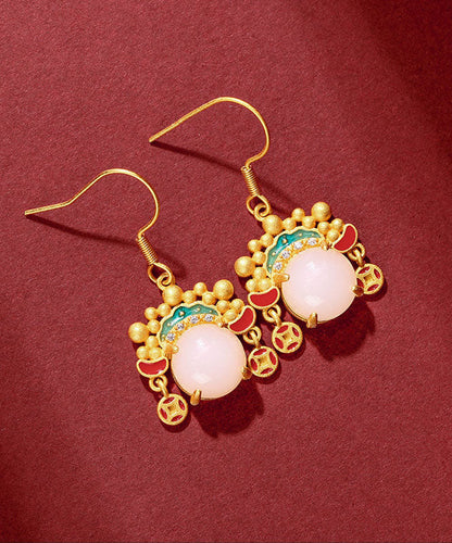 Yellow Ancient Gold Inlaid Zircon Pearl Dao Ma Dan Face Mask Drop Earrings