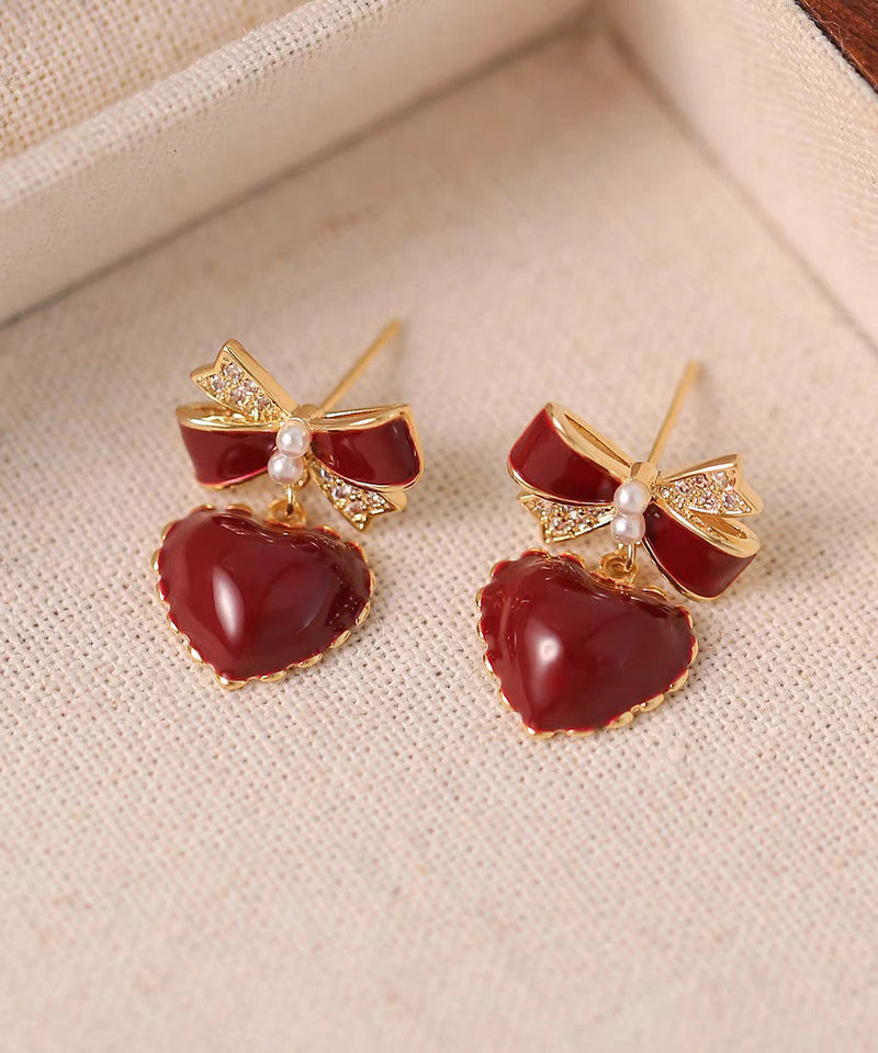 French Red Copper Alloy Zircon Bow Love Stud Earrings