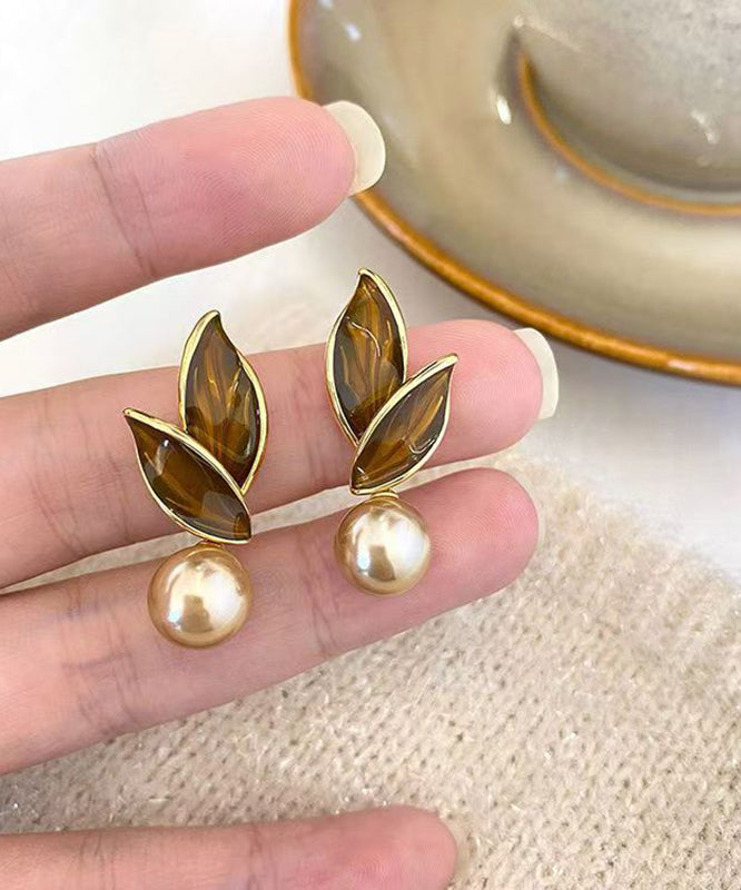 Coffee Sterling Silver Alloy Pearl Leaf Stud Earrings