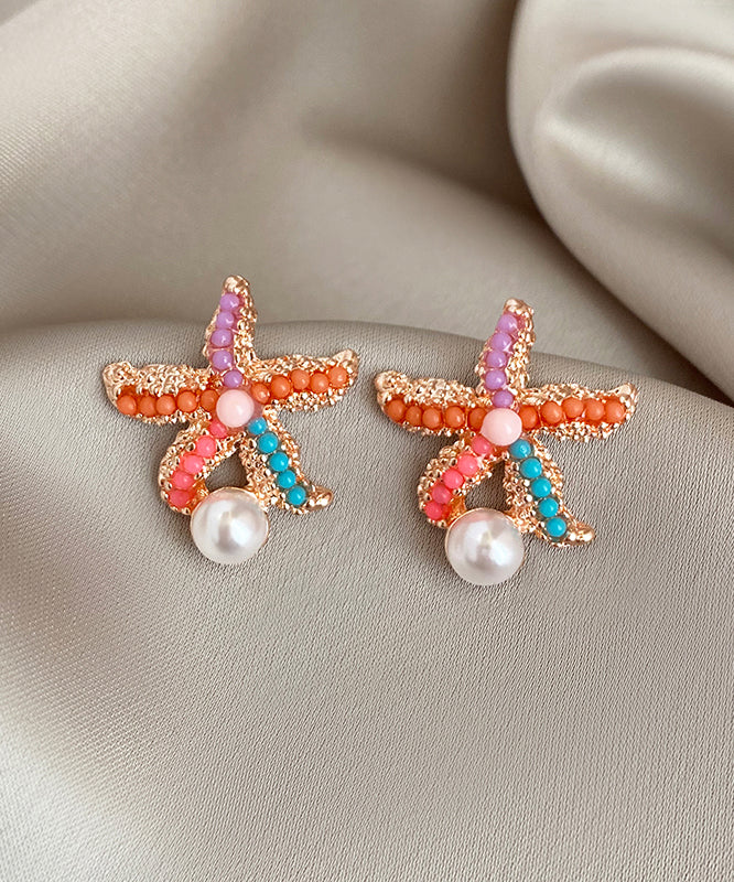 Rainbow Alloy Pearl Starfish Stud Earrings