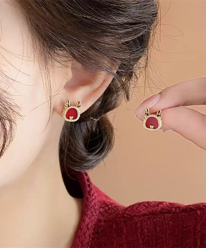 Red Sterling Silver Overgild Zircon Stud Earrings