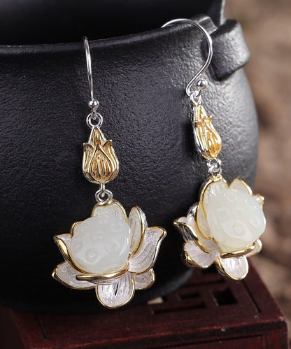 White Sterling Silver Jade Lotus Drop Earrings