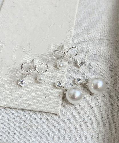 White Sterling Silver Alloy Pearl Bow Drop Earrings