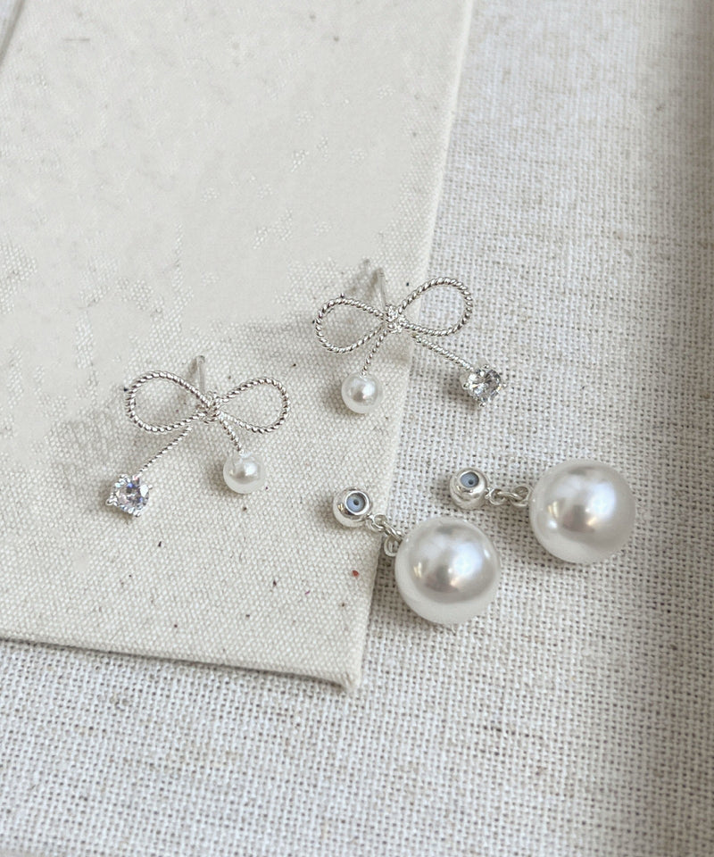 White Sterling Silver Alloy Pearl Bow Drop Earrings