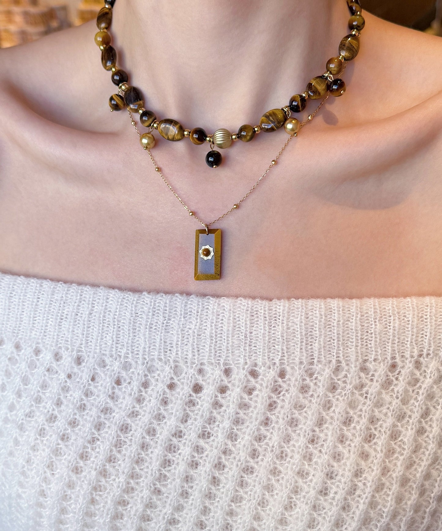 Brown Tiger's Eye Stringing Beads Layering Alloy Two Piece Set Necklace